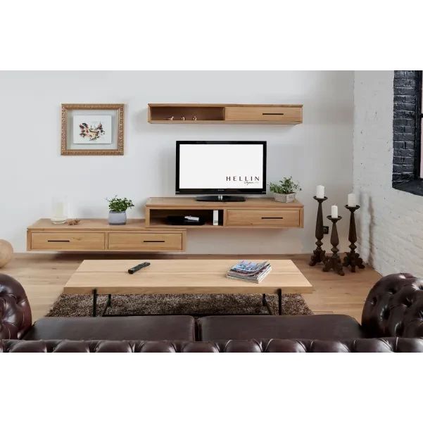 Meuble TV suspendu en bois massif : Deux tiroirs | Hellin