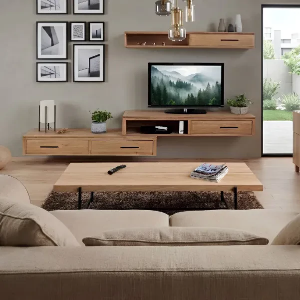 Meuble TV suspendu en bois : 1 tiroir et 1 niche | Hellin