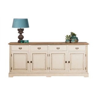 Long buffet bas en bois clair : 4 tiroirs et placards | Hellin
