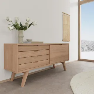 Buffet bas scandinave en chêne blanchi 4 tiroirs 1 porte coulissante ALISIA - HELLIN
