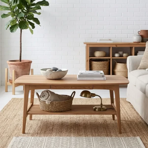 Table basse scandinave rectangulaire en bois massif avec rangement - ELEA