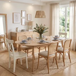 Table à manger ovale en bois blanchi avec 2 allonges L180/270 MARTINE - HELLIN