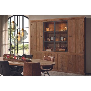 Buffet vaisselier en bois massif avec portes en verre et tiroirs en teck recyclé pour ranger tous vos objets