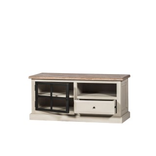 Meuble télé bas en bois et porte vitrée d'inspiration campagne chic pour un salon chaleureux