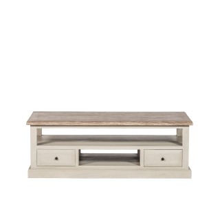 Table basse en bois au style cottage authentique pour un salon chaleureux.