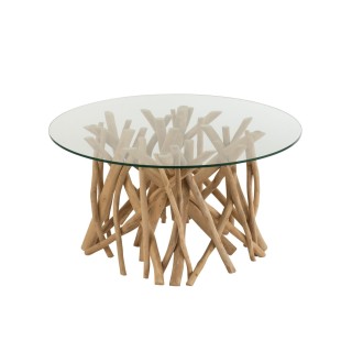 Table basse de salon ronde en branches de teck et verre d80 cham