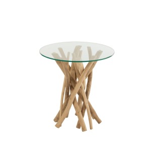 Bout de canape rond en branches de teck et verre d50 cham