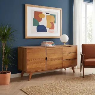 Buffet bas vintage : 2 portes et 3 tiroirs / Bois massif | Hellin