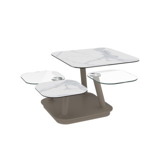 Expo table basse carree 4 plateaux en verre et ceramique marbree et pieds taupe qualitz