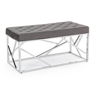 Banc d'entrée ou bout de lit en velours gris et métal argent L97 ROMY - HELLIN