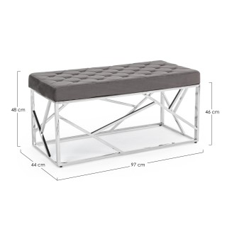 Banc d'entrée ou bout de lit en velours gris et métal argent L97 ROMY - HELLIN