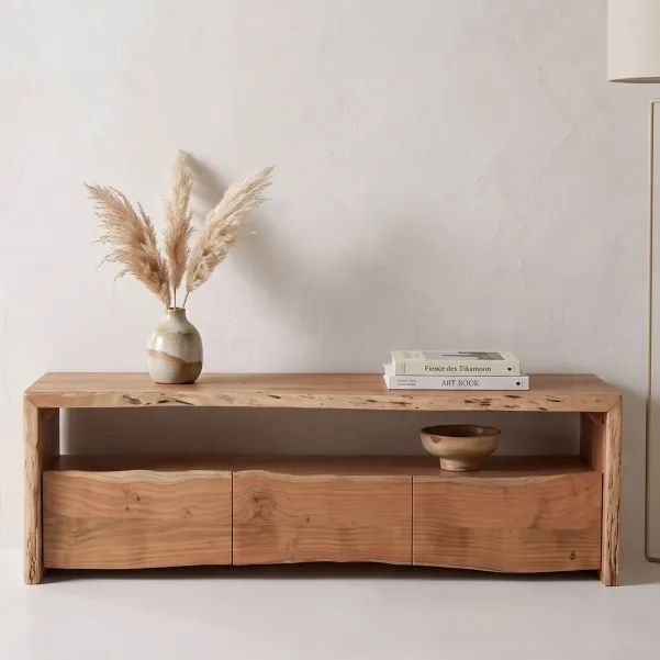Meuble TV en bois d'acacia naturel 3 tiroirs 1 niche L160 MIMOSA - HELLIN