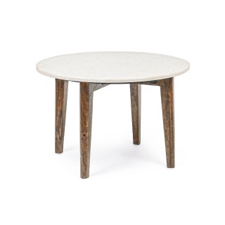 Table basse ronde vintage en manguier et marbre blanc d60 blany
