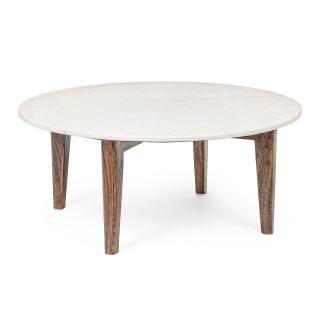 Table basse ronde vintage en manguier et marbre blanc l75 blany