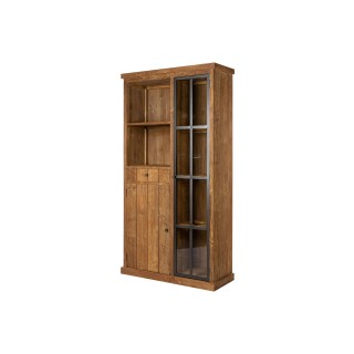 Vitrine en bois recyclé et métal 2 portes 2 tiroirs 2 niches ouverte - HELLIN