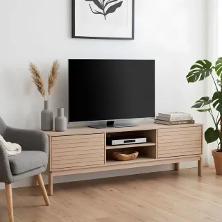 Meuble TV bas en chêne blanchi 2 portes 2 niches L160 - HELLIN