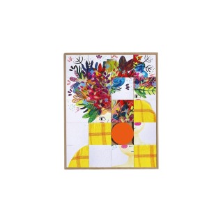 Tableau en bois taquin œuvre originale 63 x 78 Dame aux fleurs- HELLIN