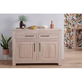 Buffet bas moderne en chêne blanchi : 2 tiroirs et portes | Hellin