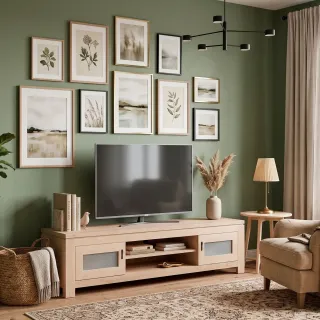 Meuble TV bas en chêne blanchi : 2 portes et niches | Hellin