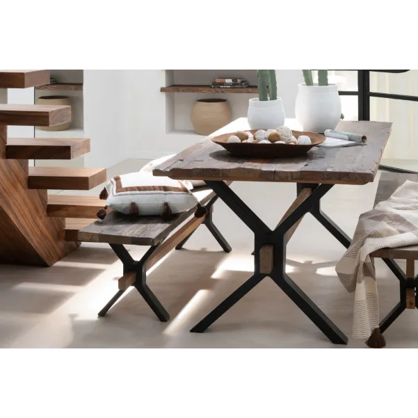 Table de ferme industriel en bois et pieds croisés métal L180 - MARIE