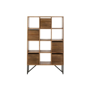 Bibliotheque en teck recycle et pieds metal 7 niches 5 tiroirs osaka