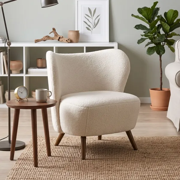 Fauteuil en tissu écru piétement en bois peint en noir- WINNY