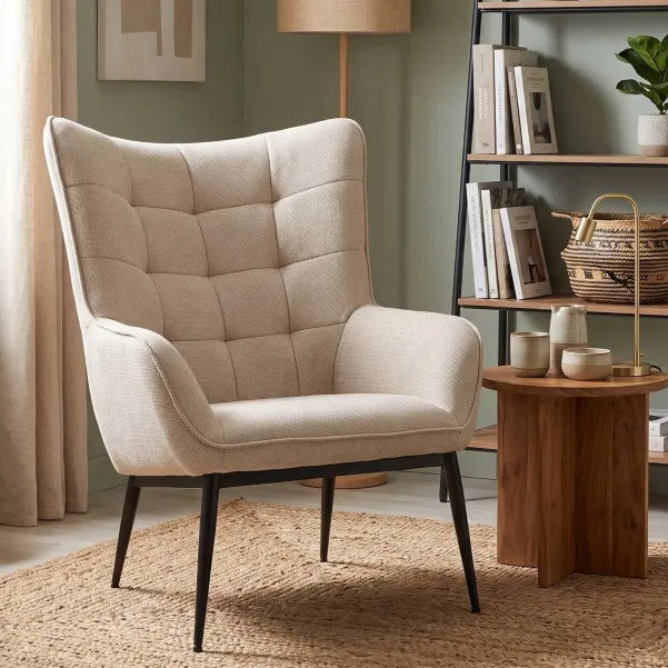Fauteuil en tissu beige capitonné piétmeent oblique en métal noir - OTIS
