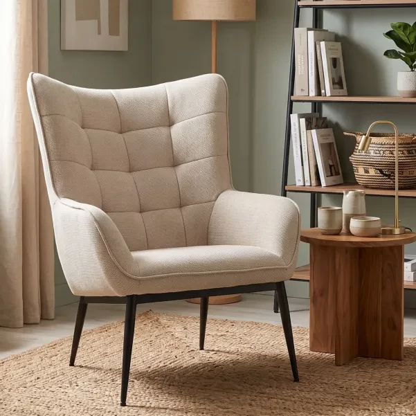 Fauteuil en tissu beige capitonné piétmeent oblique en métal noir - OTIS