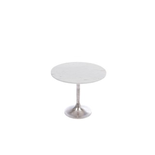 Bout de canape tulipe en metal argente et marbre blanc d55 plaka