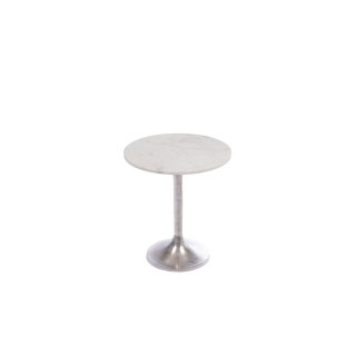 Bout de canape tulipe en metal argente et marbre blanc d46 plaka