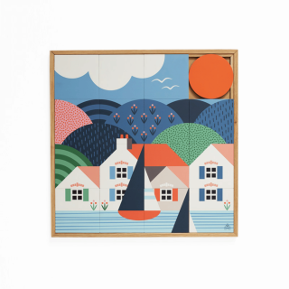 Tableau en bois taquin paysage de vacances 63 x 63 folks