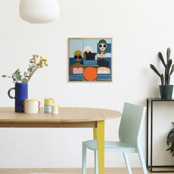Tableau en bois taquin à la mer 48 x 48 LES BAIGNEUSES - HELLIN