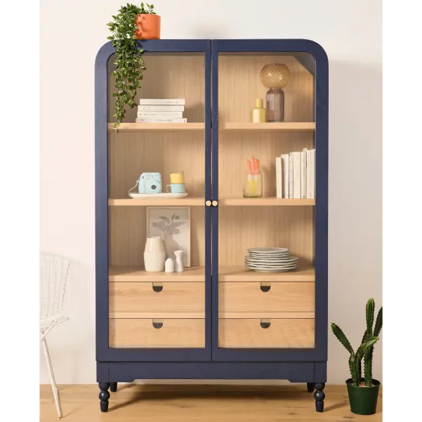 Vitrine vaisselier 2 portes vitrées 4 tiroirs bois bleu JOSEPHINE - HELLIN