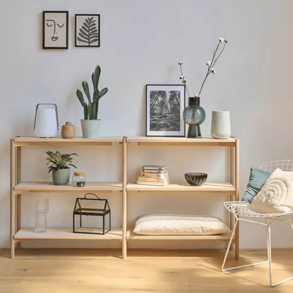 Bibliothèque double scandinave en chêne blanchi 4 tablettes BRENDA - HELLIN