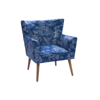 Fauteuil a accoudoirs en tissu peau de peche bleu a motifs heron