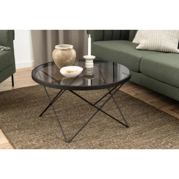 Table basse ronde en verre fumé et métal noir Benny | Hellin