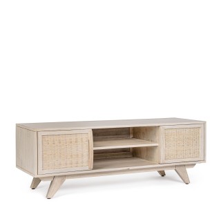 Meuble tv en bois de manguier blanchi 2 portes 2 niches shanna