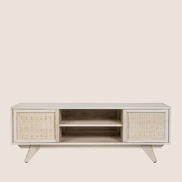 Meuble TV en bois de manguier blanchi 2 portes 2 niches SHANNA - HELLIN