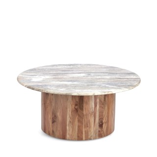 Table basse ronde en bois d acacia et marbre beige d80 joana