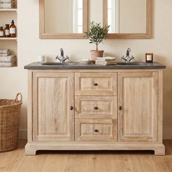 Meuble double vasque en chêne blanchi et pierre bleue | Hellin