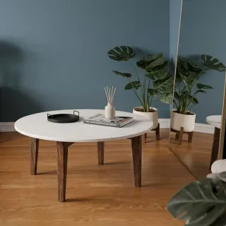 Table basse ronde vintage en manguier et marbre blanc L75 BLANY - HELLIN