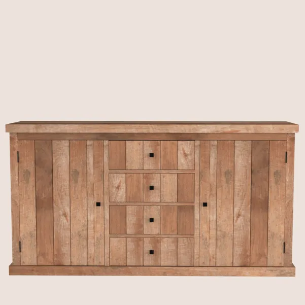 Buffet bas de salle à manger en bois massif recyclé pour une ambiance confortable et apaisante.
