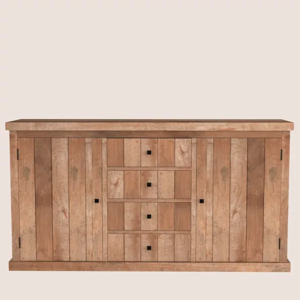 Buffet bas de salle à manger en bois massif recyclé pour une ambiance confortable et apaisante.