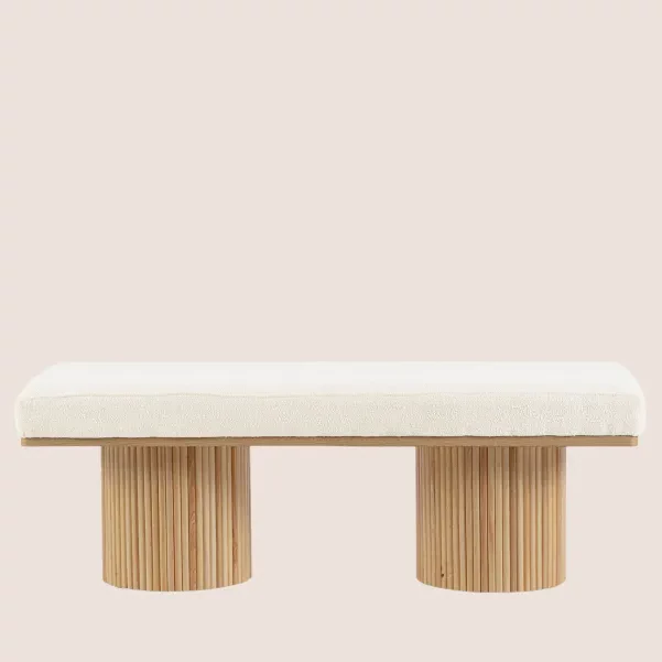 Banc 2 places en bois clair et tissu bouclette écru L120 FLORIAN - HELLIN