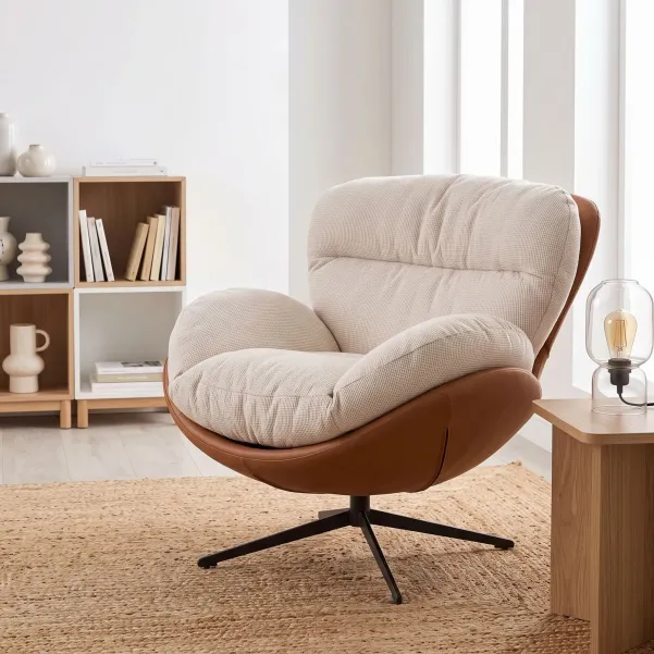 Fauteuil relax pivotant tissu/simili écru/cognac NINO - HELLIN