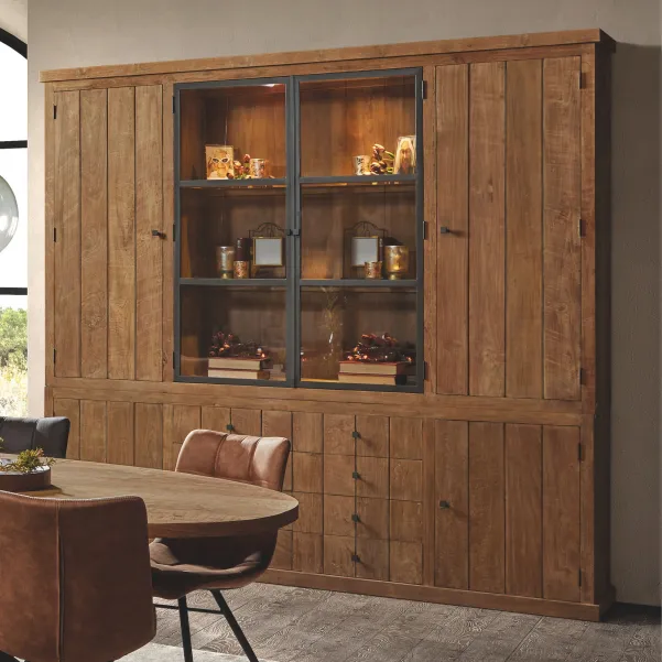 Buffet vaisselier en bois massif avec portes en verre et tiroirs en teck recyclé pour ranger tous vos objets