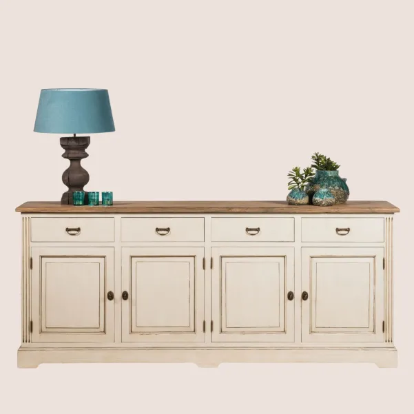 Long buffet bas en bois clair : 4 tiroirs et placards | Hellin