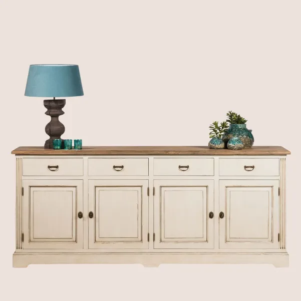 Long buffet bas en bois clair : 4 tiroirs et placards | Hellin