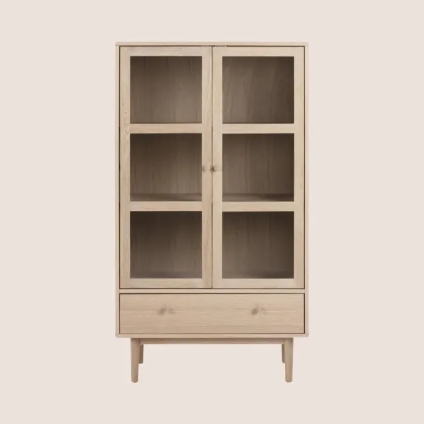 Vitrine scandinave en chêne blanchie 2 portes vitrées et 1 tiroir ASHLEY - HELLIN