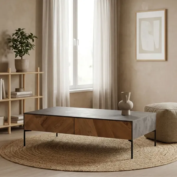 Table basse en bois de teck et métal 4 tiroirs - HELLIN